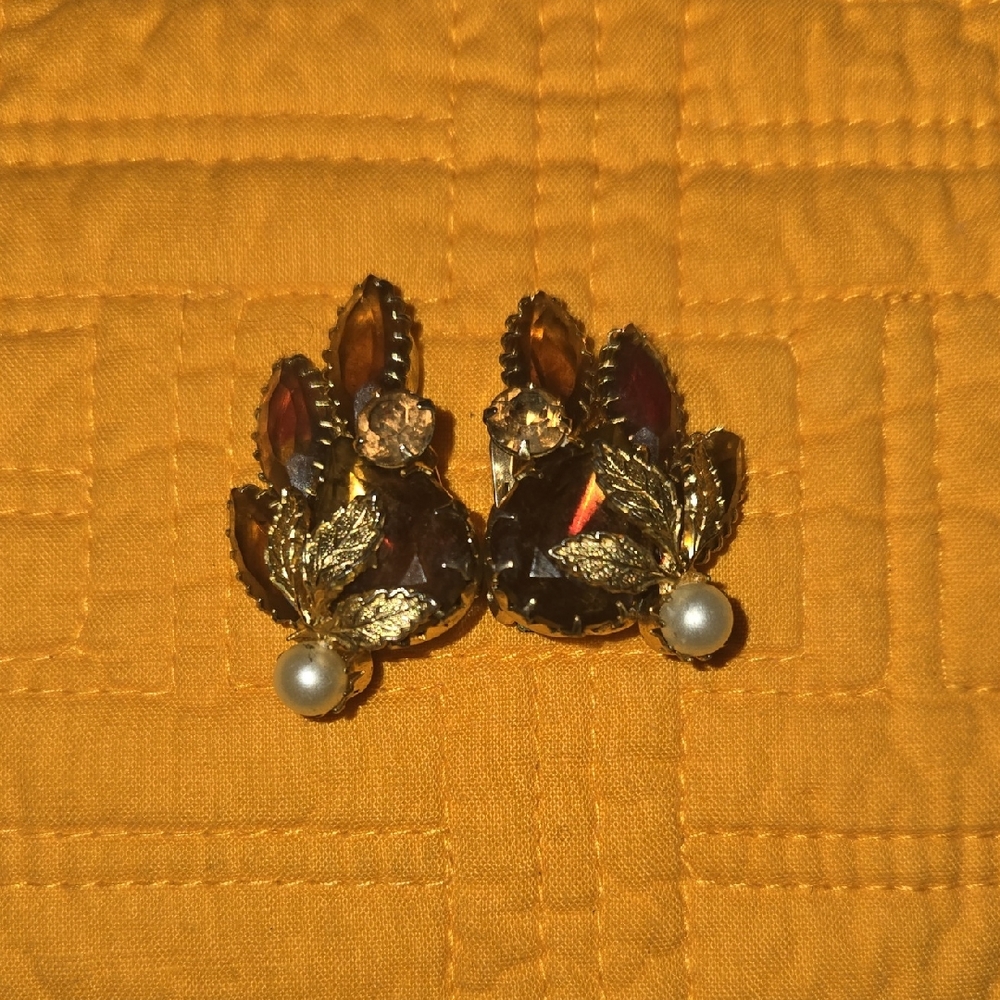 Vintage Gold and Silver Leaf Earrings with Pearl